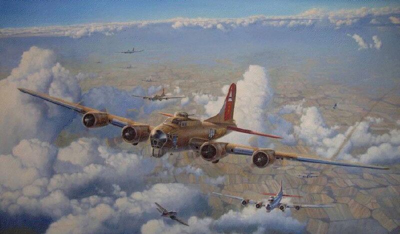 B-17 Bomber Formation — Blue, Dramatic, Afternoon, Painting, Aircraft