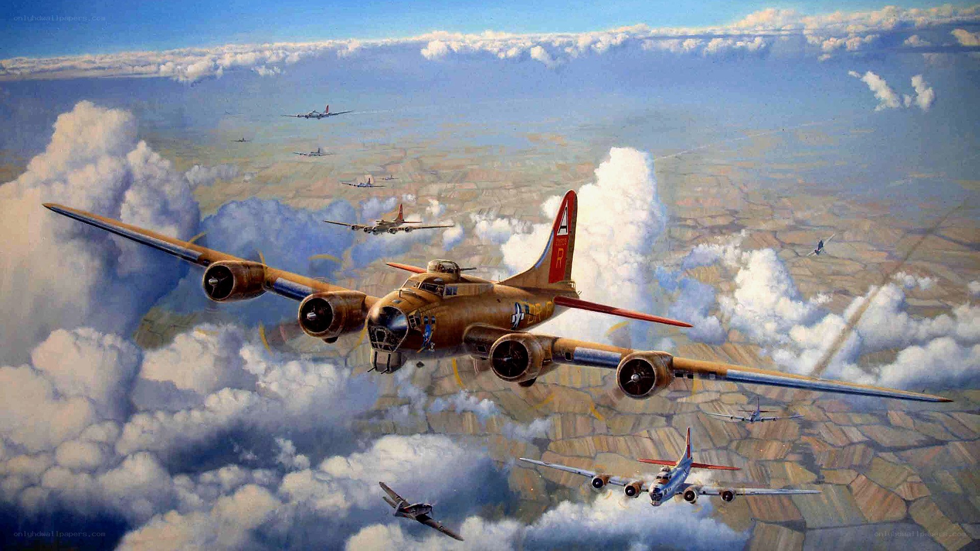 B-17 bomber formation in flight