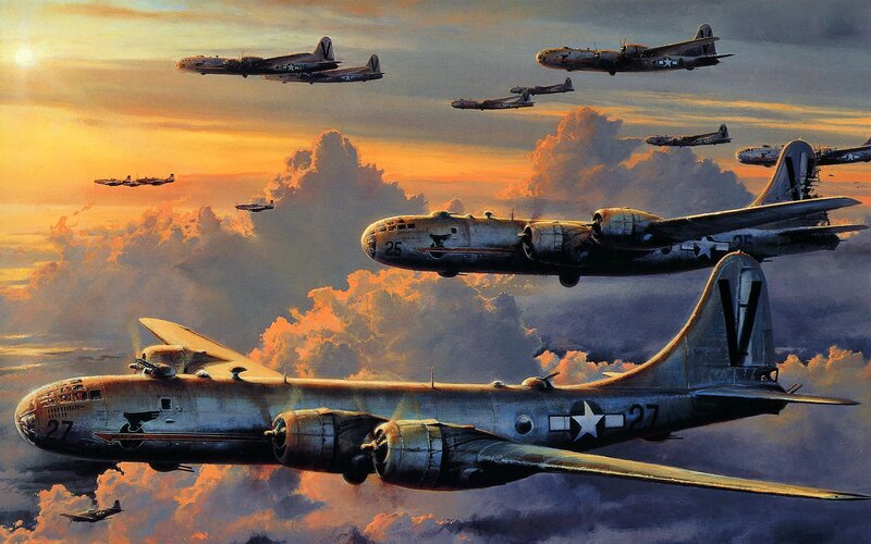 B-17 Bomber Formation — Orange, Dramatic, Sunset