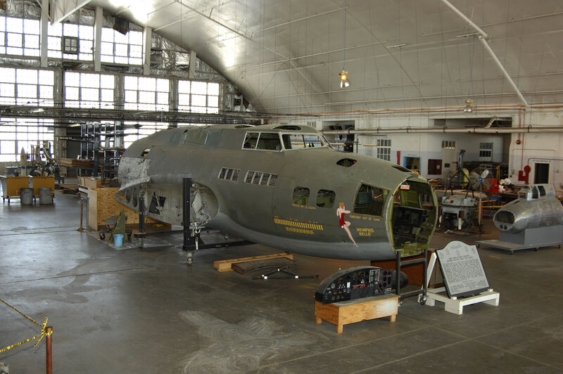 B-17 bomber fuselage in hangar