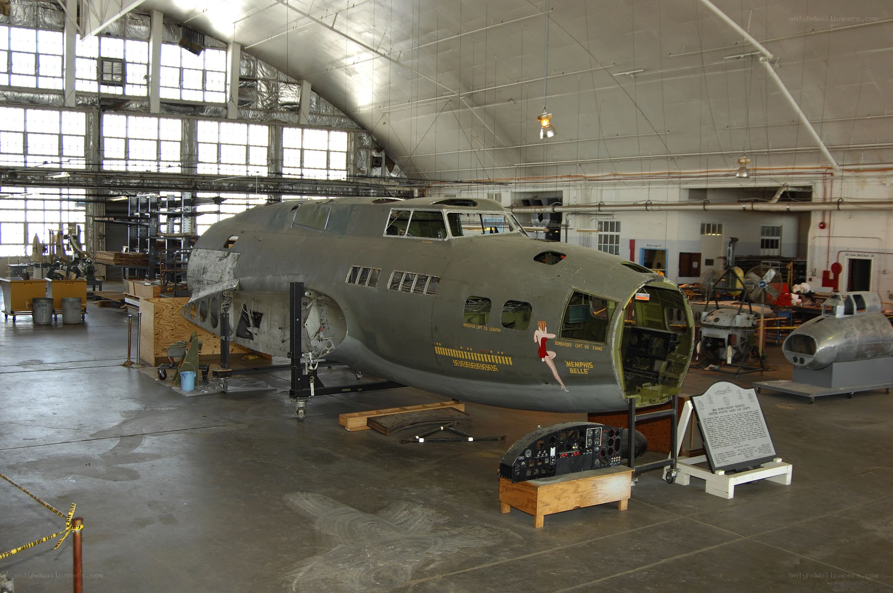 B-17 bomber fuselage in hangar