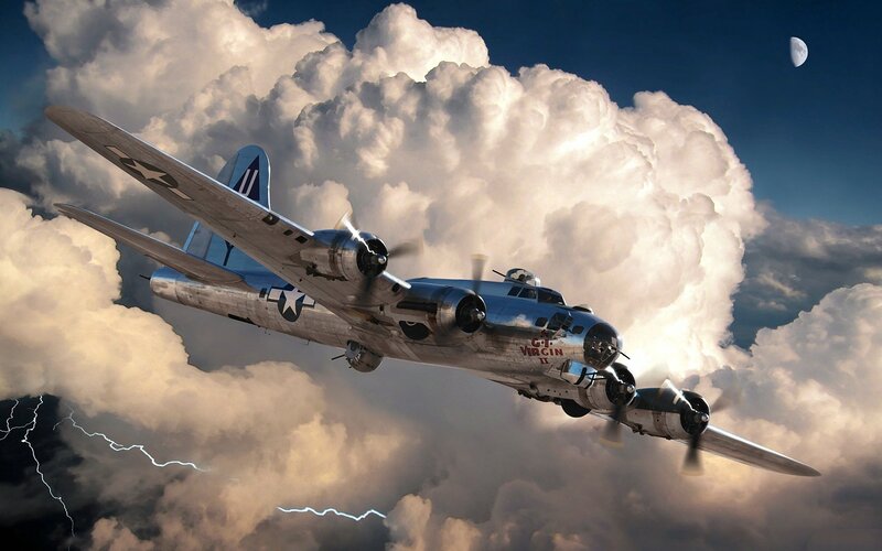 B-17 Bomber in Clouds — Blue