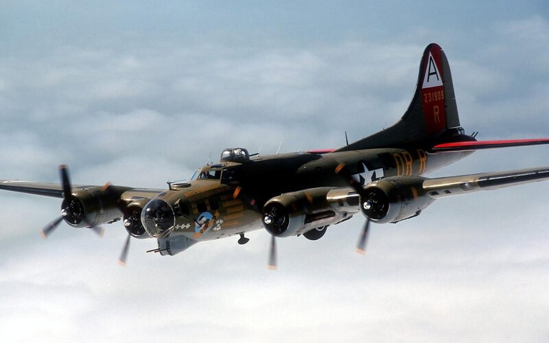 B-17 Bomber in Flight — Gray, Dramatic, Photograph