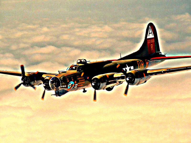B-17 Bomber in Flight — Gray, Dramatic, Sunset