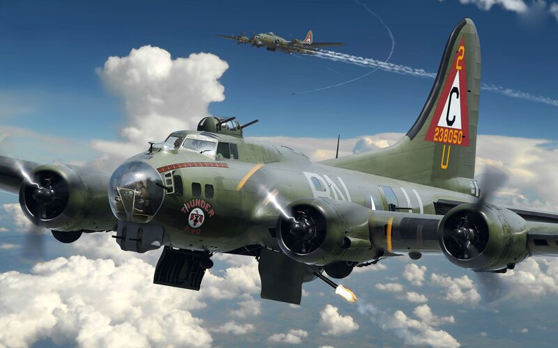 B-17 Bomber in Flight — Green, Dramatic, Afternoon, Digital Art