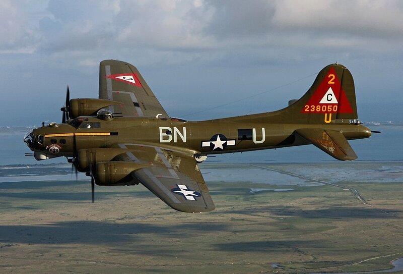 B-17 Bomber in Flight — Green, Dramatic, Afternoon, Photograph