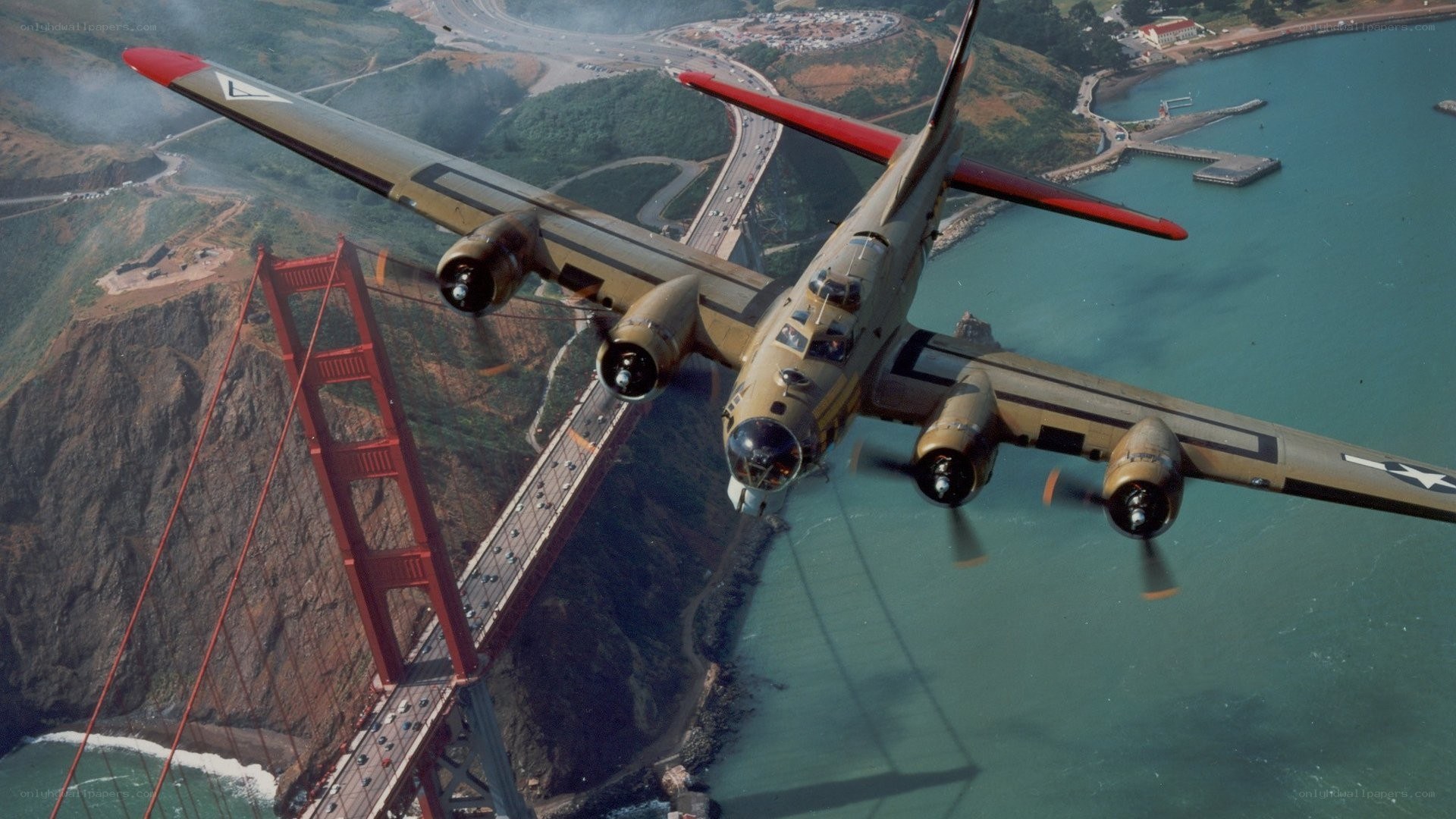 B-17 bomber over Golden Gate Bridge