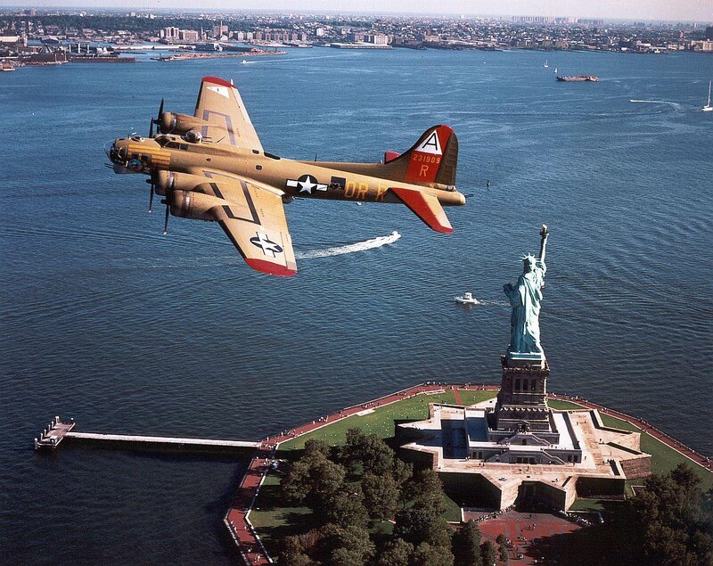 B-17 Bomber over Statue — Blue