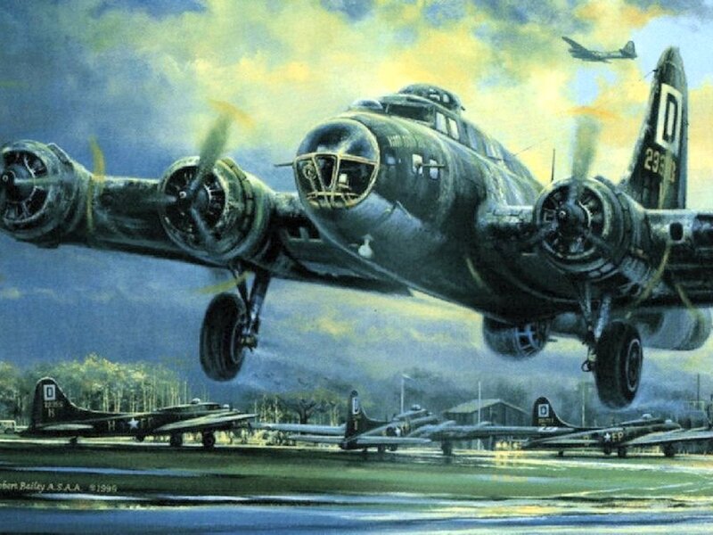 B-17 Bomber Taking Off — Green