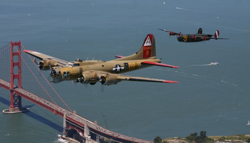 B-17 Flying Fortress over Golden Gate Bridge