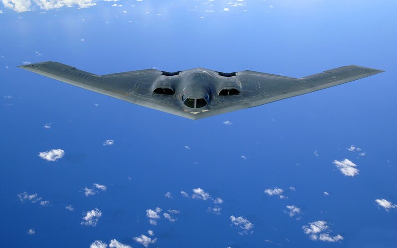 B-2 Spirit Bomber — Blue, Serene, Afternoon, Photograph, Aircraft, Sky, Clouds