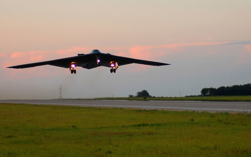 B-2 Spirit Bomber — Green, Dramatic, Sunset, Photograph, Airplane, Runway