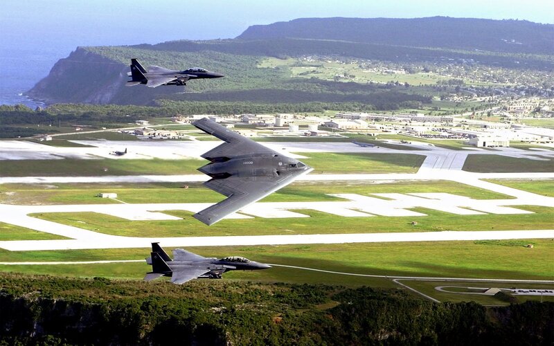 B-2 Spirit bomber with escorts