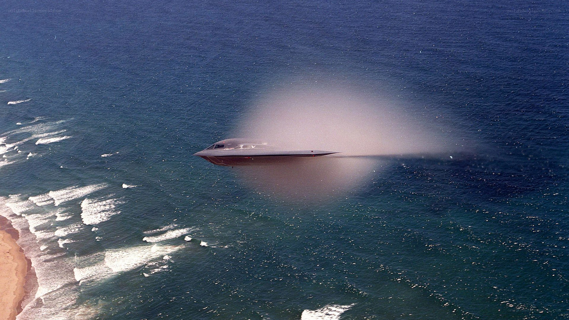 B-2 Spirit flying over ocean