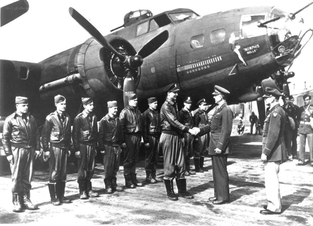 B-24 bomber crew with officer