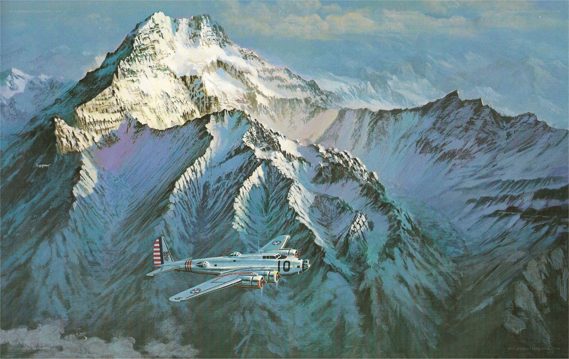 B-24 bomber over snowy mountains