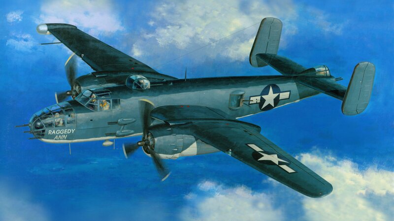 B-25 Bomber Aircraft — Blue, Dramatic, Afternoon, Illustration, Sky
