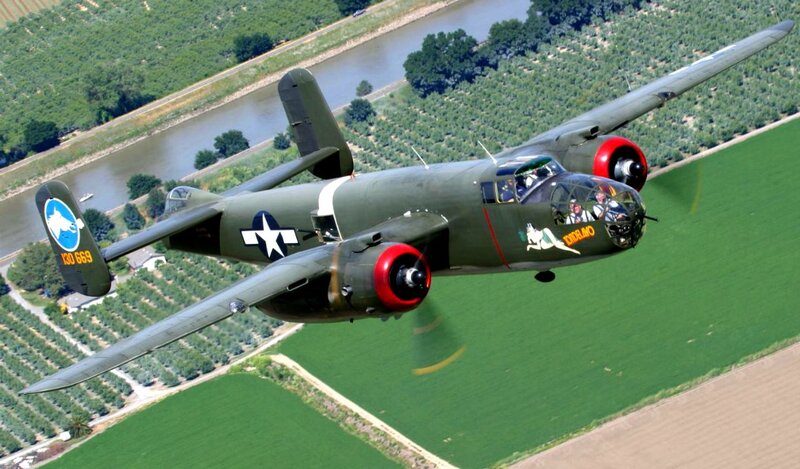 B-25 Bomber Aircraft — Green, Aerial, Afternoon, Photograph