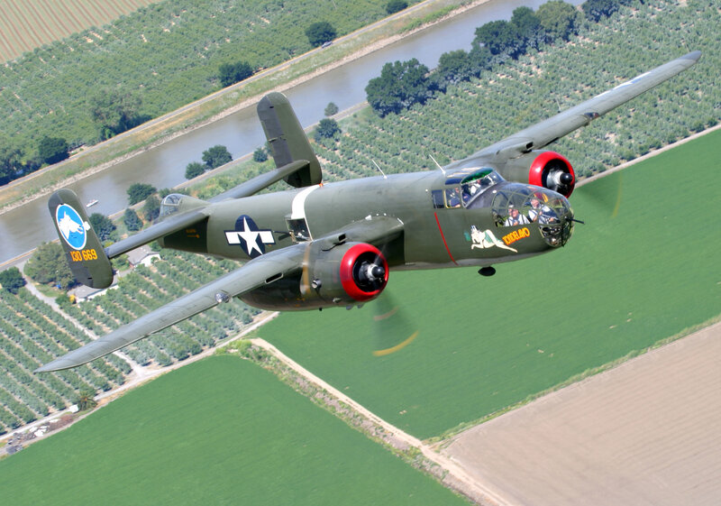 B-25 Bomber Aircraft — Green, Aerial, Afternoon