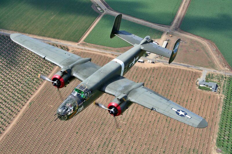 B-25 Bomber Aircraft — Green, Aerial