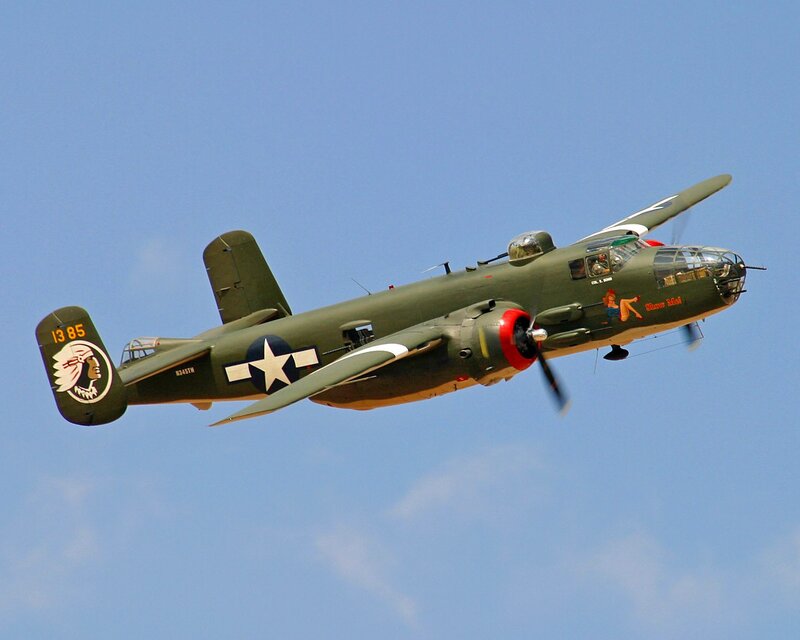 B-25 Bomber Aircraft — Green, Clear, Afternoon
