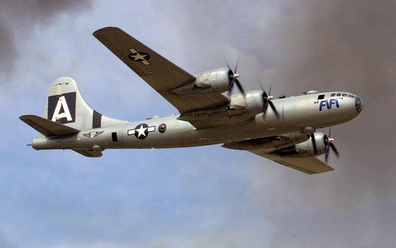 B-29 Bomber in Flight — Gray, Dramatic