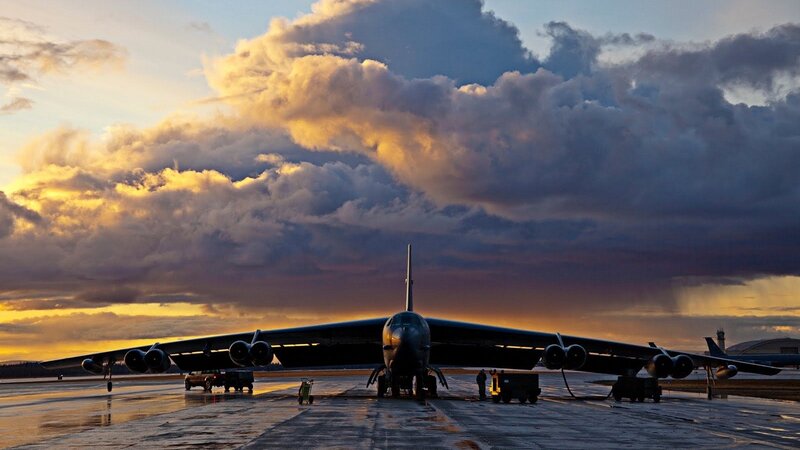 B-52 bomber at sunset