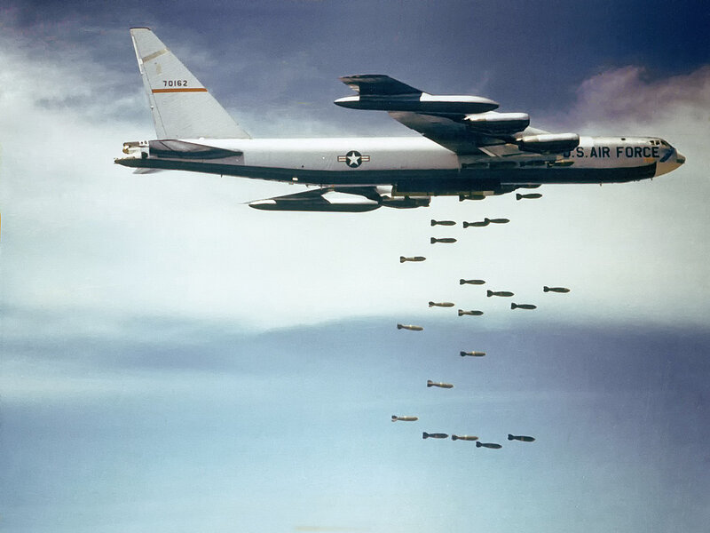 B-52 Bomber Dropping Bombs — Gray, Dramatic