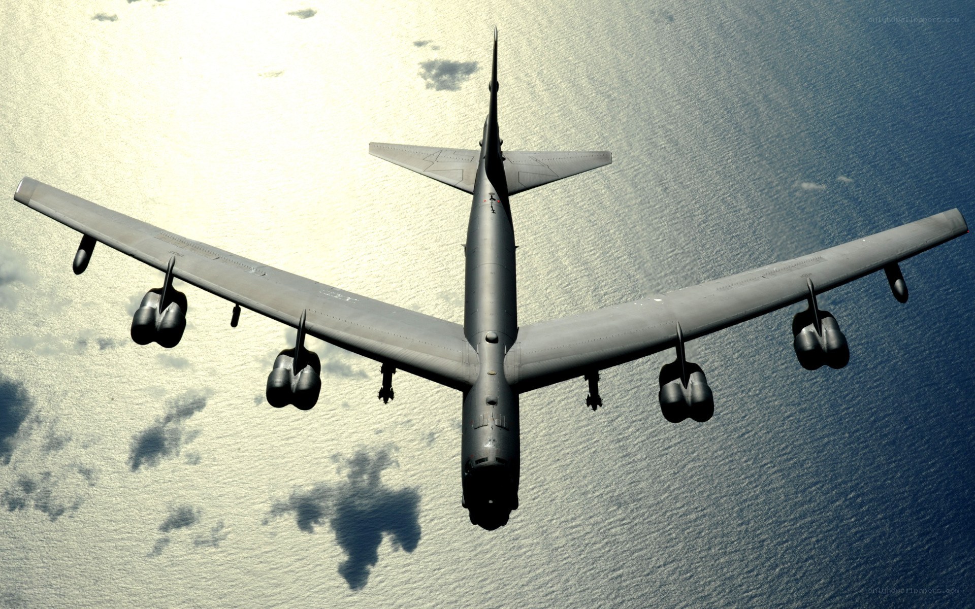 B-52 bomber flying over ocean