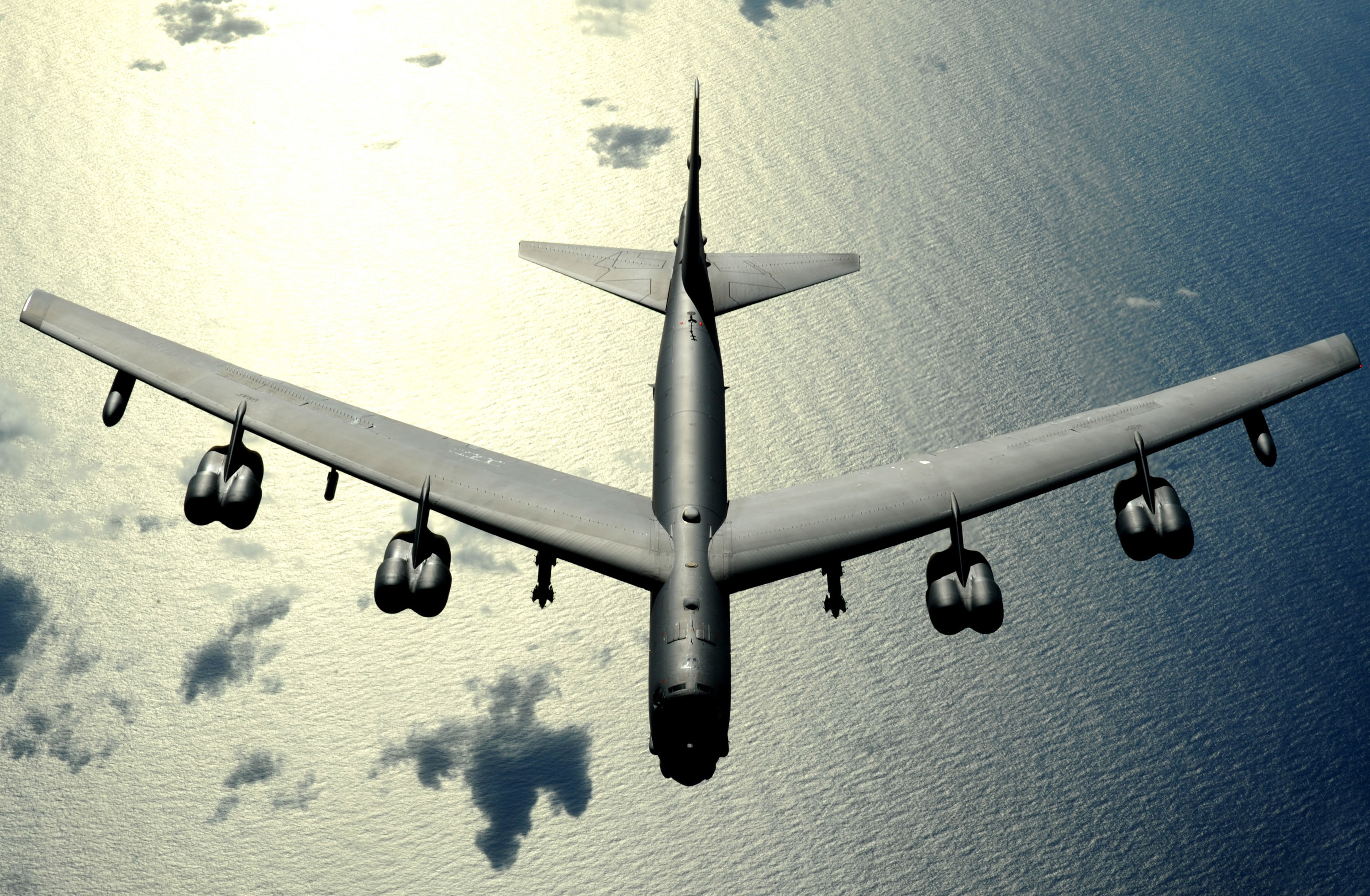 B-52 bomber flying over ocean