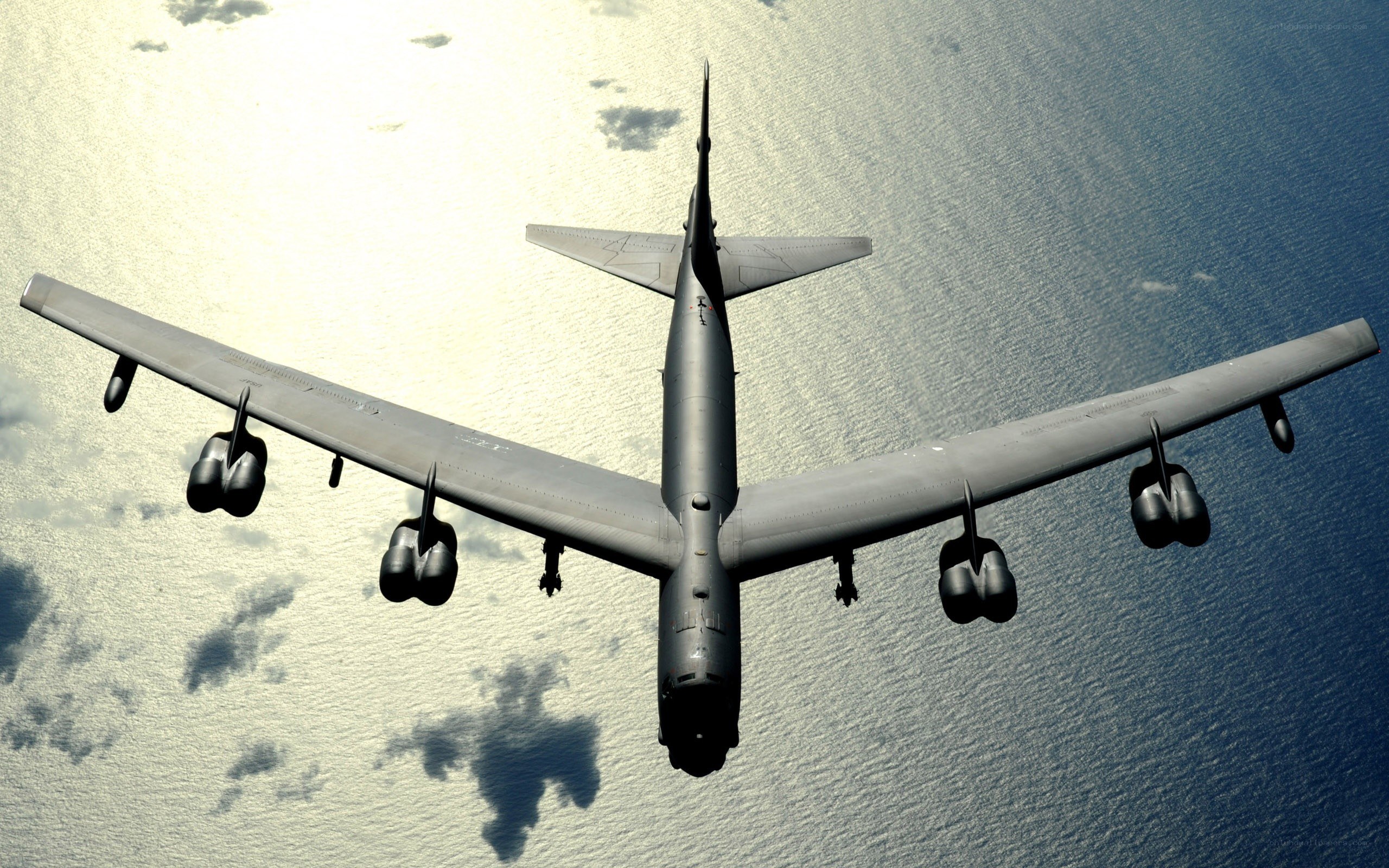 B-52 bomber flying over ocean