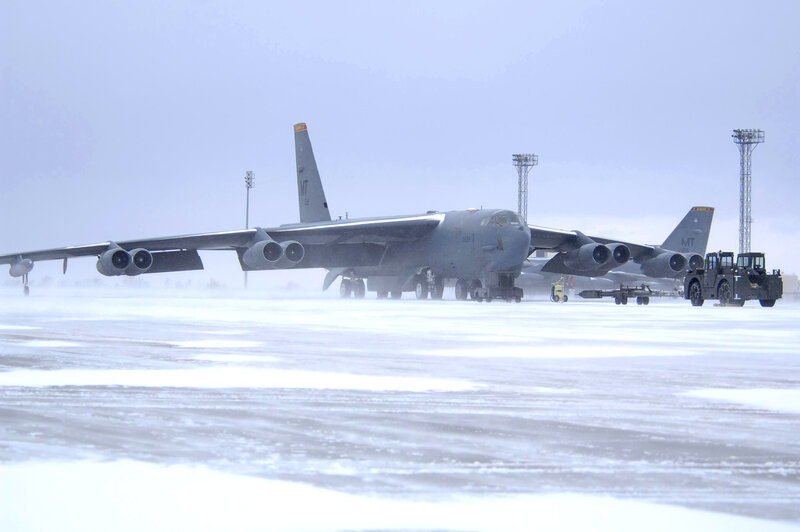 B-52 bomber on snowy tarmac