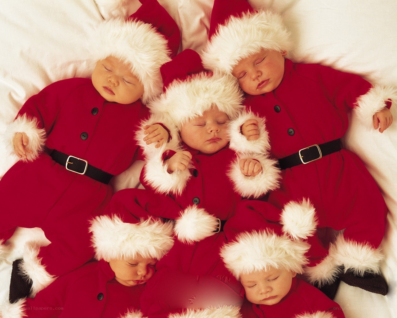 Babies dressed as Santa sleeping