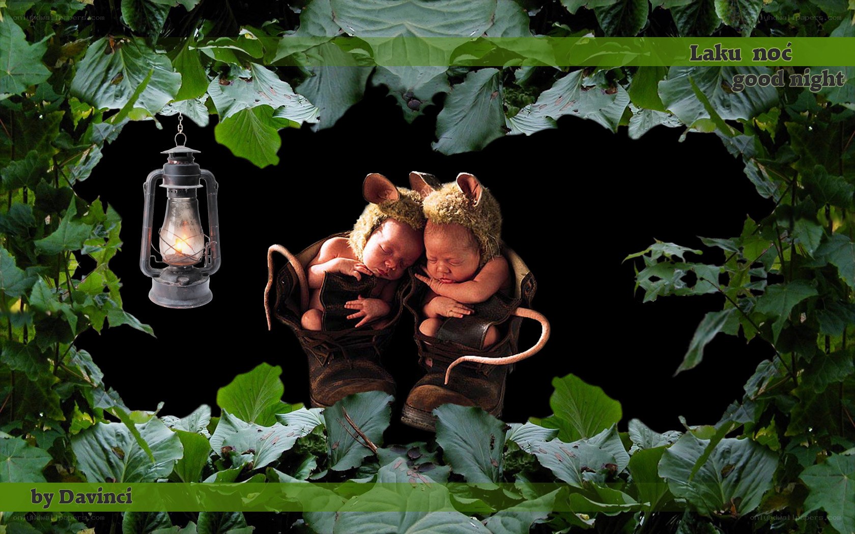 Babies in boots with lantern