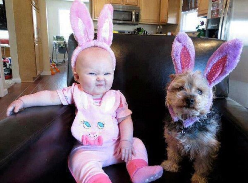 Baby and Dog in Bunny Ears