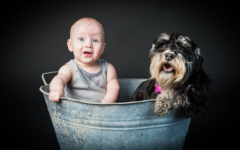 Baby and Dog in Tub