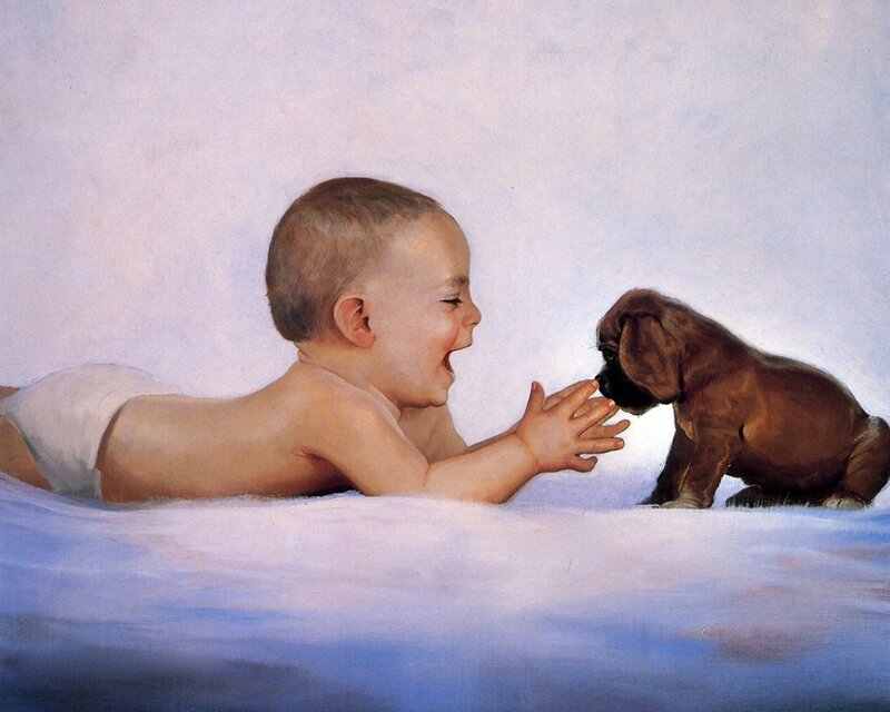 Baby and puppy playing together