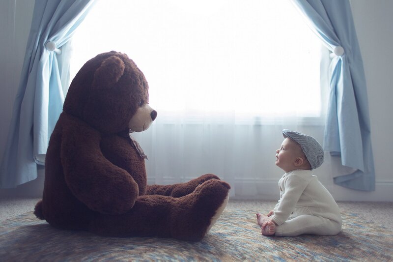 Baby and Teddy Bear — Brown, Serene, Morning