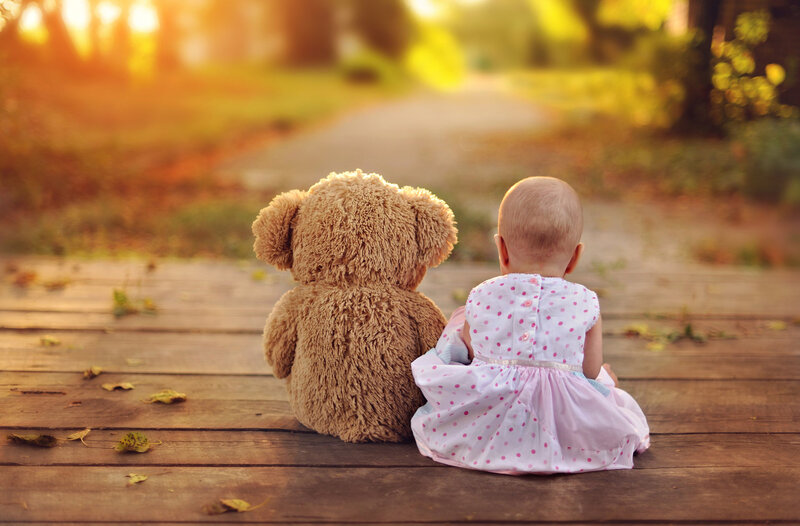 Baby and Teddy Bear — Brown, Serene