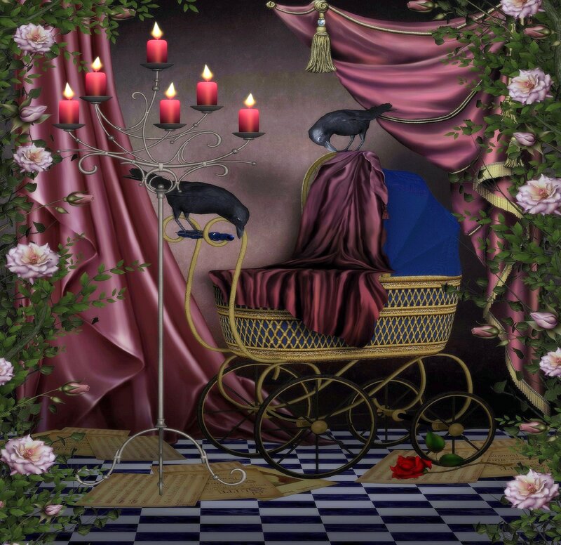 Baby Carriage with Crows
