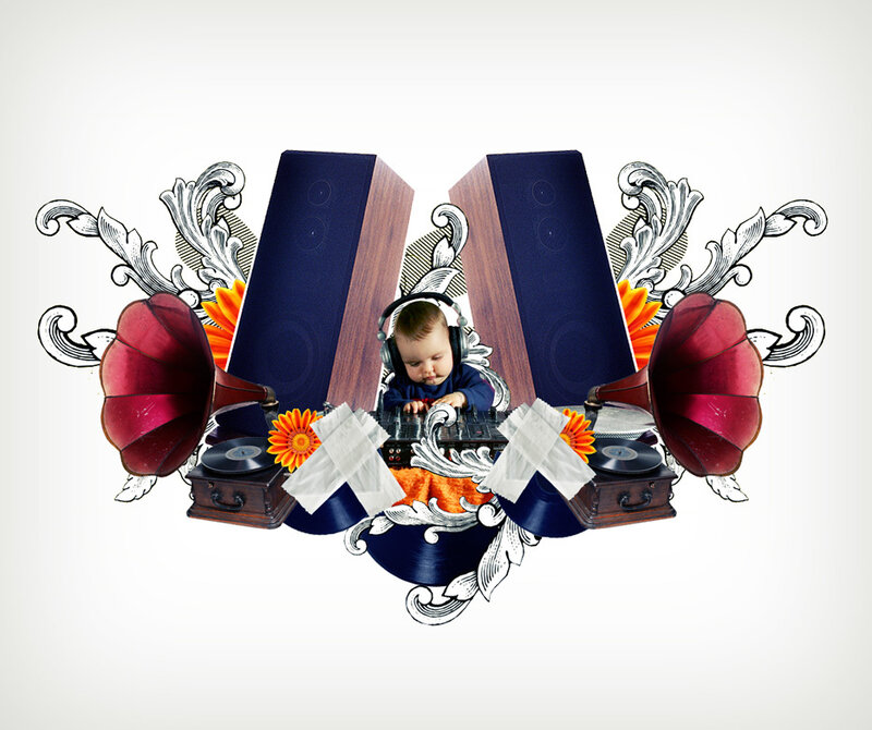 Baby DJ with vintage audio equipment