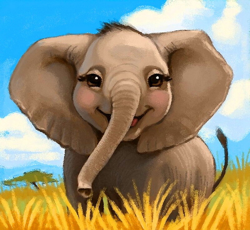 Baby Elephant in Grass — Blue
