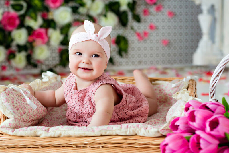 Baby Girl in Basket — Pink, Cheerful
