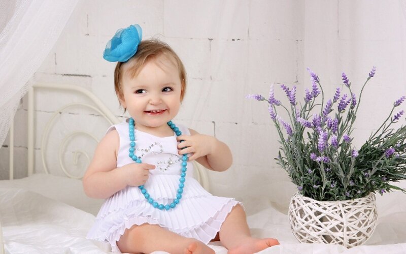 Baby Girl in White Dress — Calm, Photograph, Lavender Flowers
