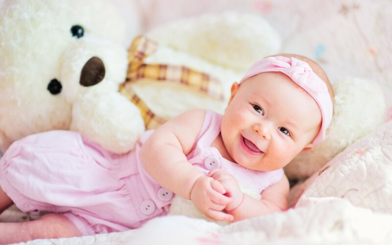 Baby Girl Smiling — Pink, Happy