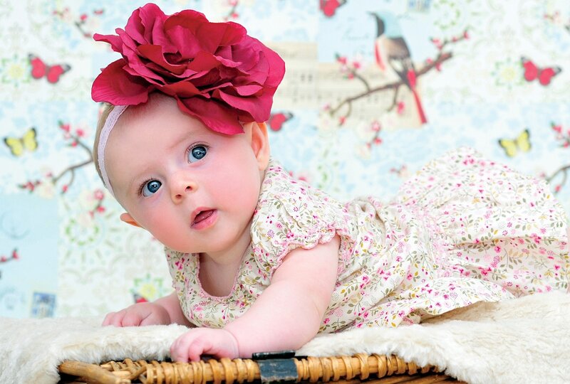 Baby Girl with Flower Headband — Red, Innocent