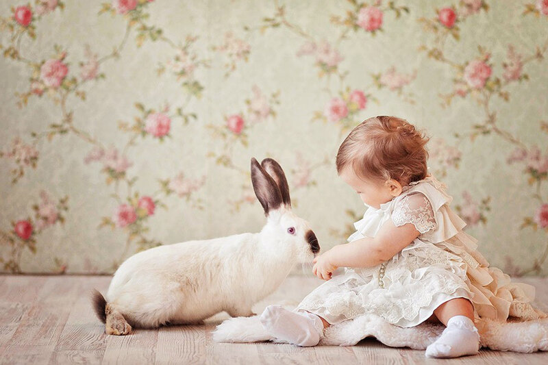 Baby Girl with Rabbit — White