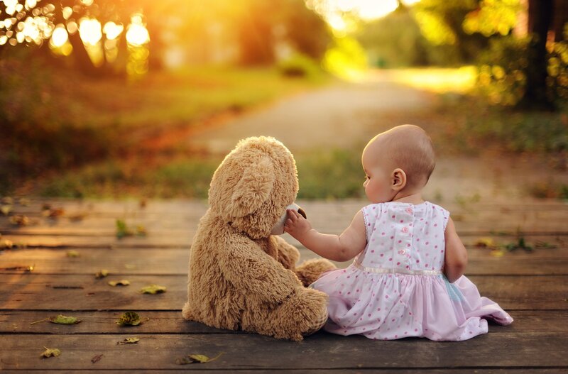 Baby Girl with Teddy Bear — Brown