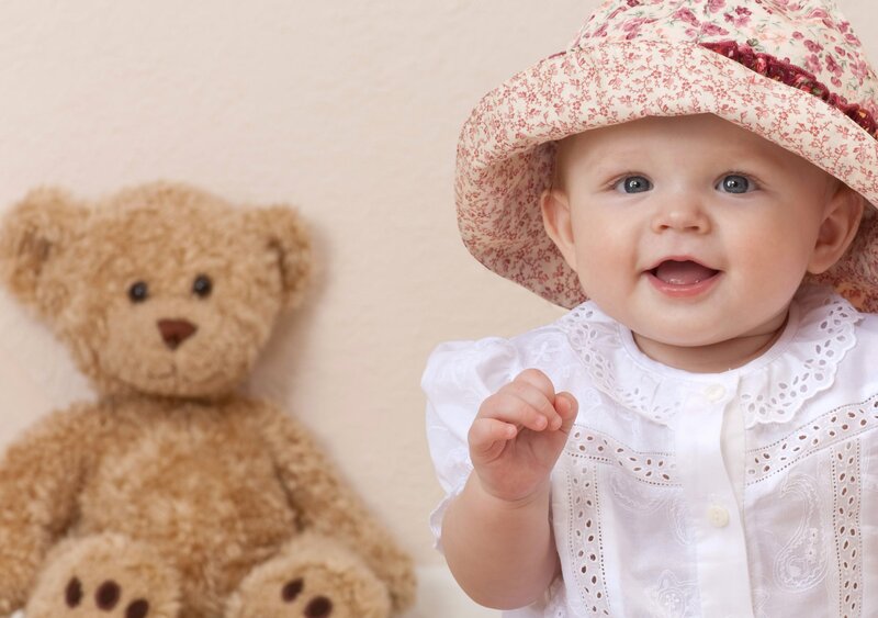 Baby Girl with Teddy Bear — White, Happy, Photograph