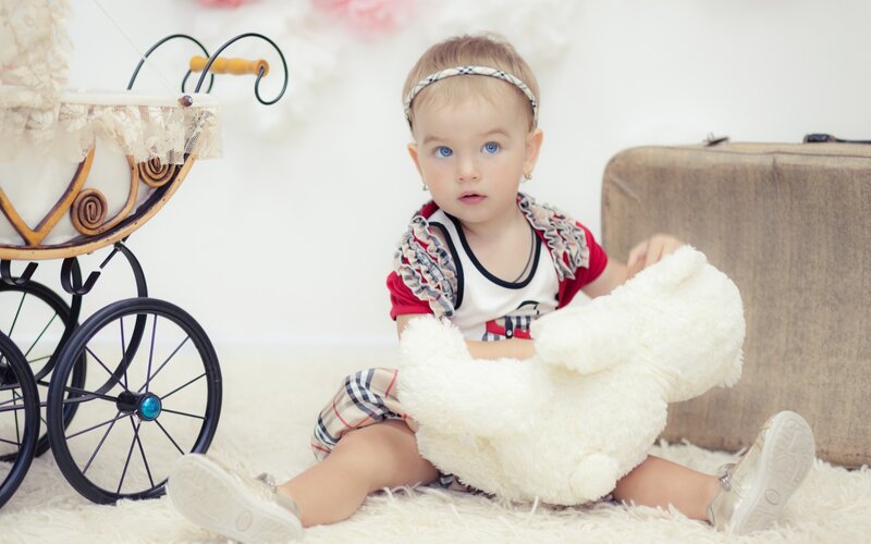 Baby Girl with Teddy Bear — White